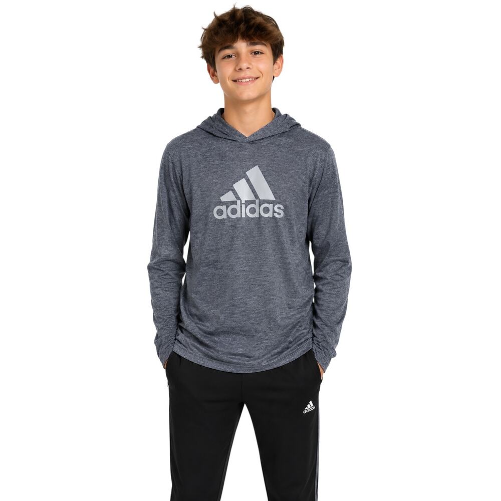 Adidas Boys XL 18/20 Heather Gray Hooded Long Sleeve Lightweight Shirt